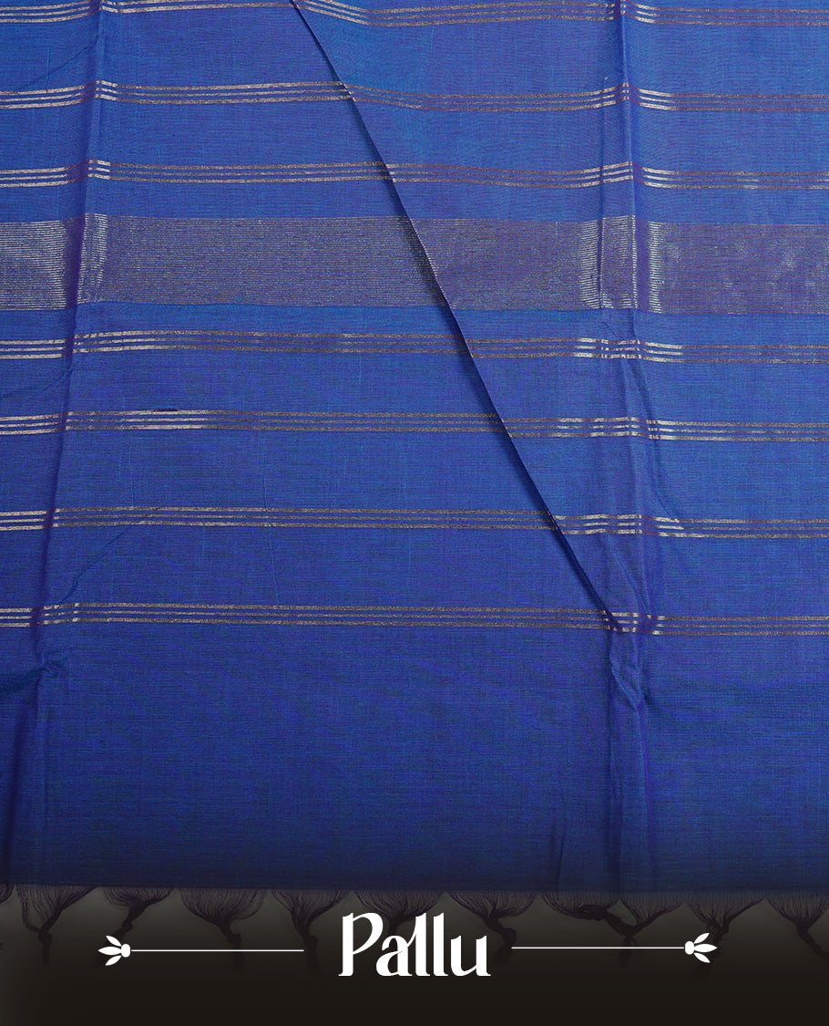Blue colour chettinad cotton saree featuring Gold zari Stripes on body. complemented by Gold zari stripe & Mango patterned border with Teal piping, paired with matching blouse piece