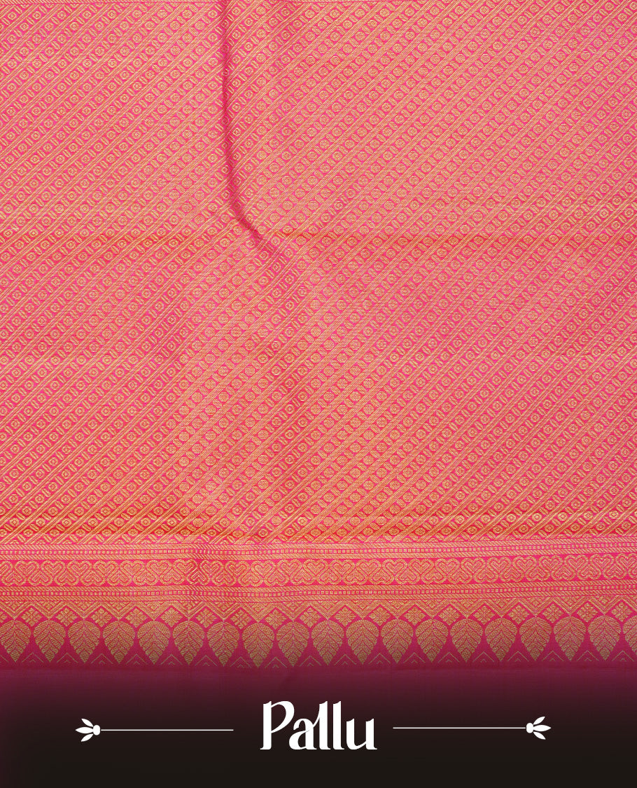 Yellow colour Traditional kancheepuram silk saree featuring Pink zari check on body, complemented by self colour with Gold & Blue zaro floral motifs on border, comes with matching blouse piece.