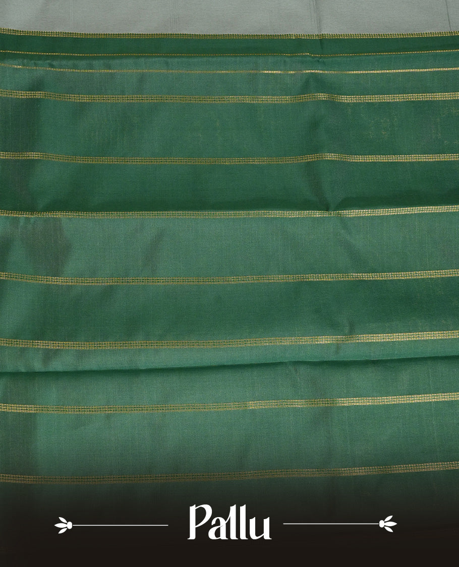 Off White Colour Semi Silk Saree Featuring Green thread buttas On Body, Highlighted by contrast border with Mango motifs, paired with matching blouse piece.