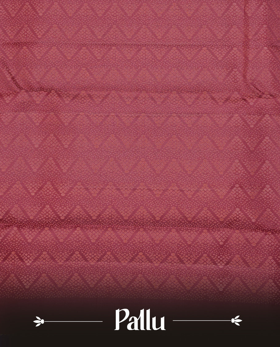 Rust Orange Colour Traditional Kancheepuram Silk Saree Featuring Copper Zari Floral Motifs on the Body, Designed With a Copper Zari Maroon Border and with a Grand Maroon Pallu, Paired with a Matching Blouse.