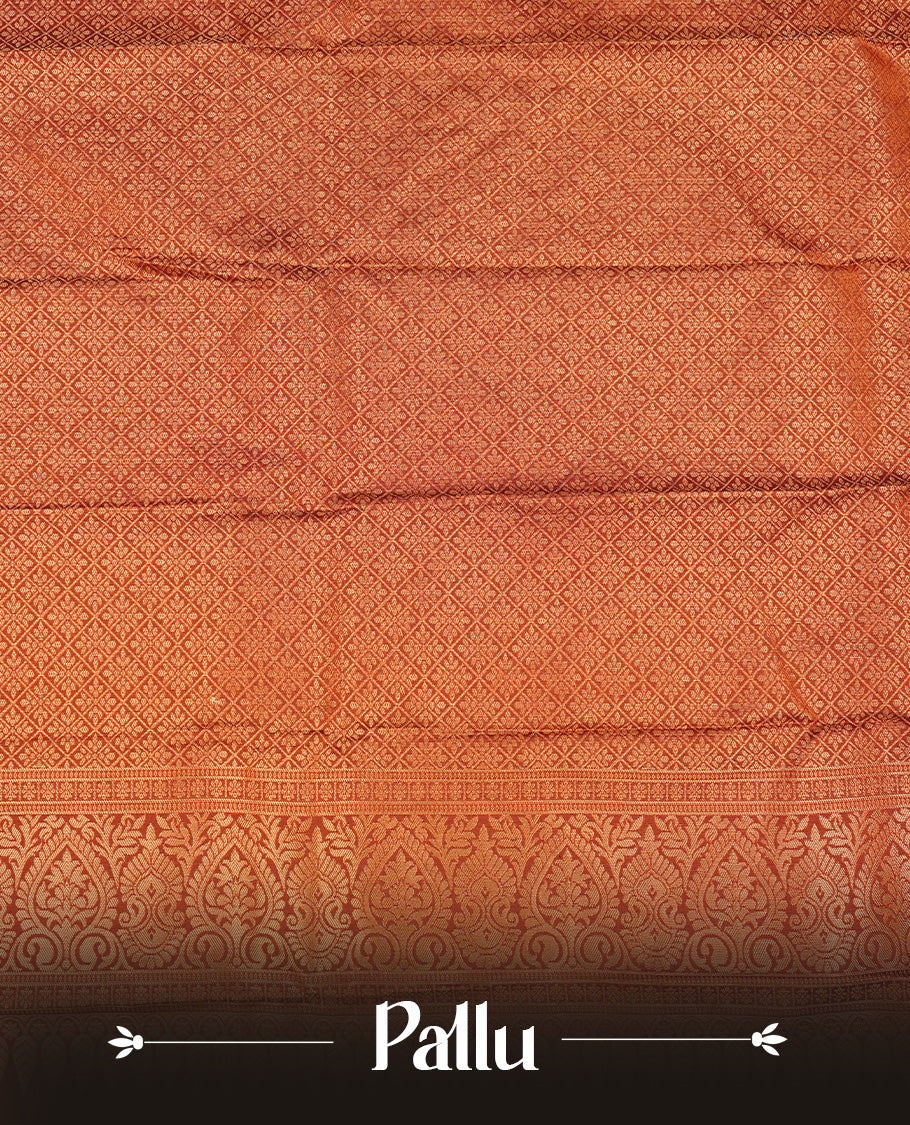 Dark chocolate colour Semi silk saree Featuring gold zari motifs on body, complemented by contrast Orange colour with gold zari border, paired with matching blouse piece.
