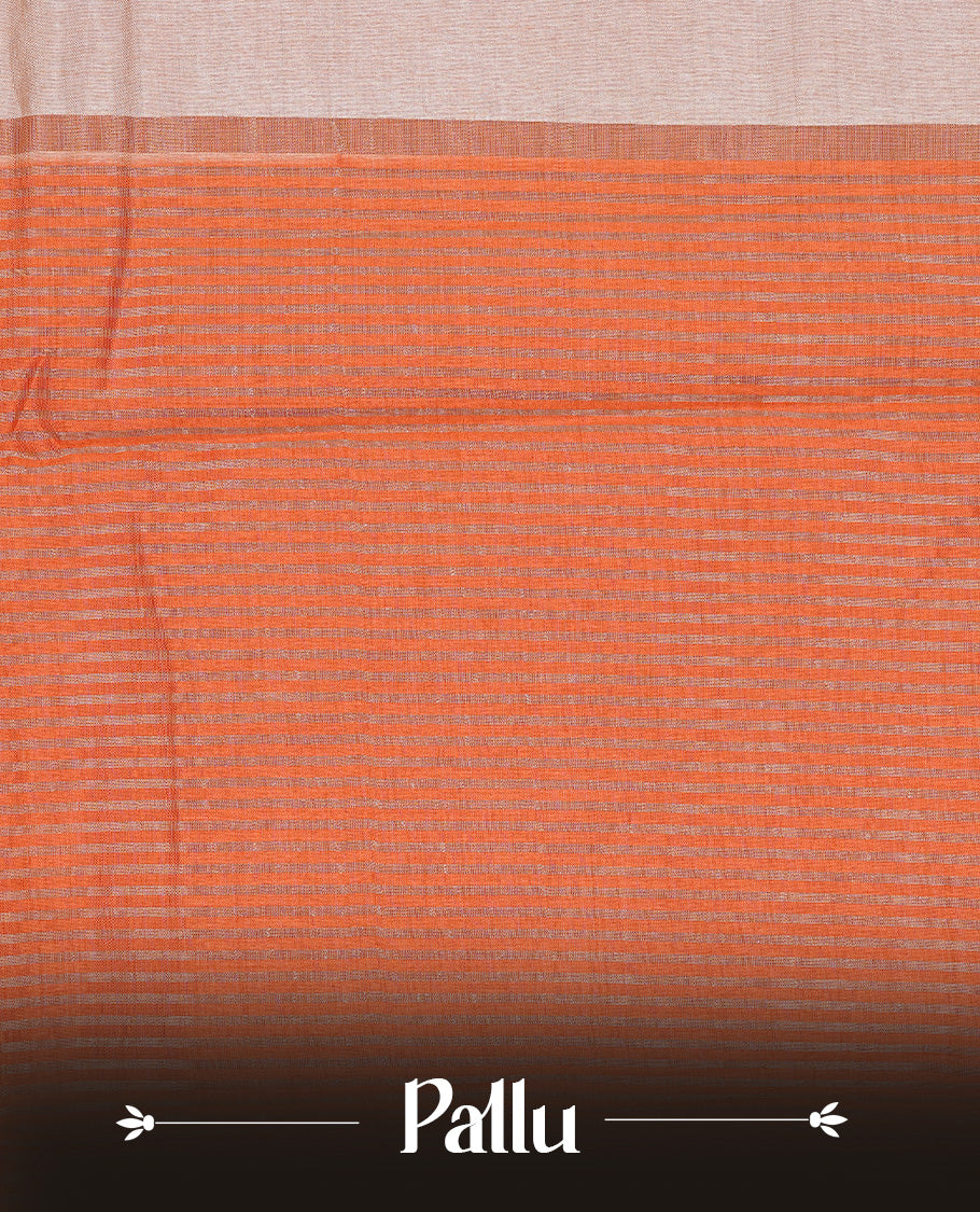 Cream colour Tussar silk saree Featuring Elegant Plain body, complemented by Contrast Orange colour with gold zari border, paired with matching blouse piece.