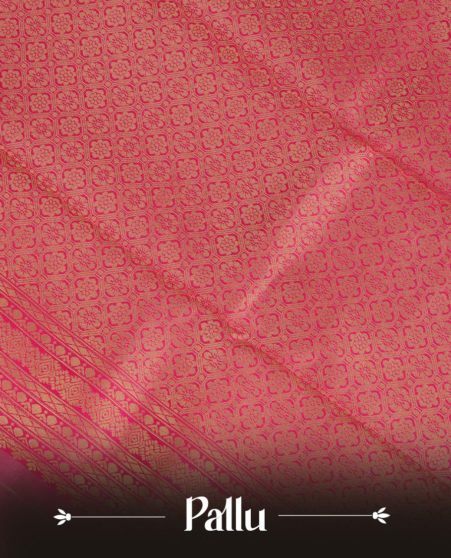 Cream Colour Semi Soft Silk Saree Featuring Gold zari Check With motifs Pattern On Body, Highlighted by contrast Mauve border with Gold zari, paired with matching blouse piece.