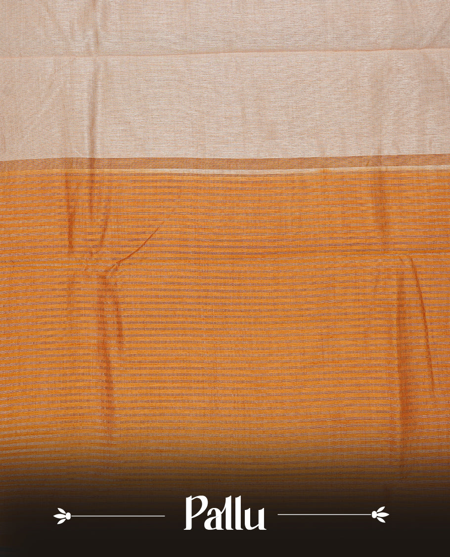 Cream colour Semi Tussar silk saree featuring an elegant plain body, accentuated by a contrast Mustard border adorned with intricate gold zari work, paired with a matching blouse piece.