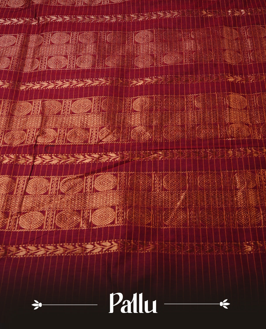 Red colour Kalyani cotton saree featuring Gold zari checks on body, enhanced with zari border and grand zari pallu, comes with self colour blouse piece.