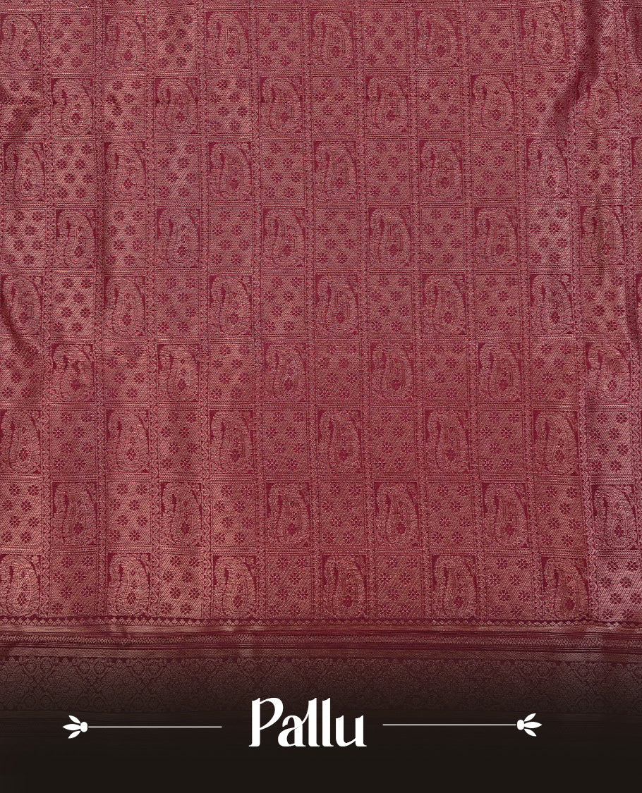 Rust Orange & Maroon Dual Colour Traditional Kancheepuram Slik Saree Featuring Check With Gold Zari Mango Motifs on the Body, Complemented by a Contrast Maroon Colour Gold Zari Traditional Border and Pallu, Paired with a Matching Blouse .