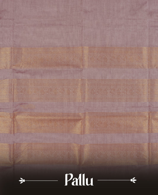 Pastel purple colour Chettinad cotton saree featuring small motifs on the body, highlighted with a rich brown and maroon zari woven border and intricate pallu design & Comes with a matching blouse piece.