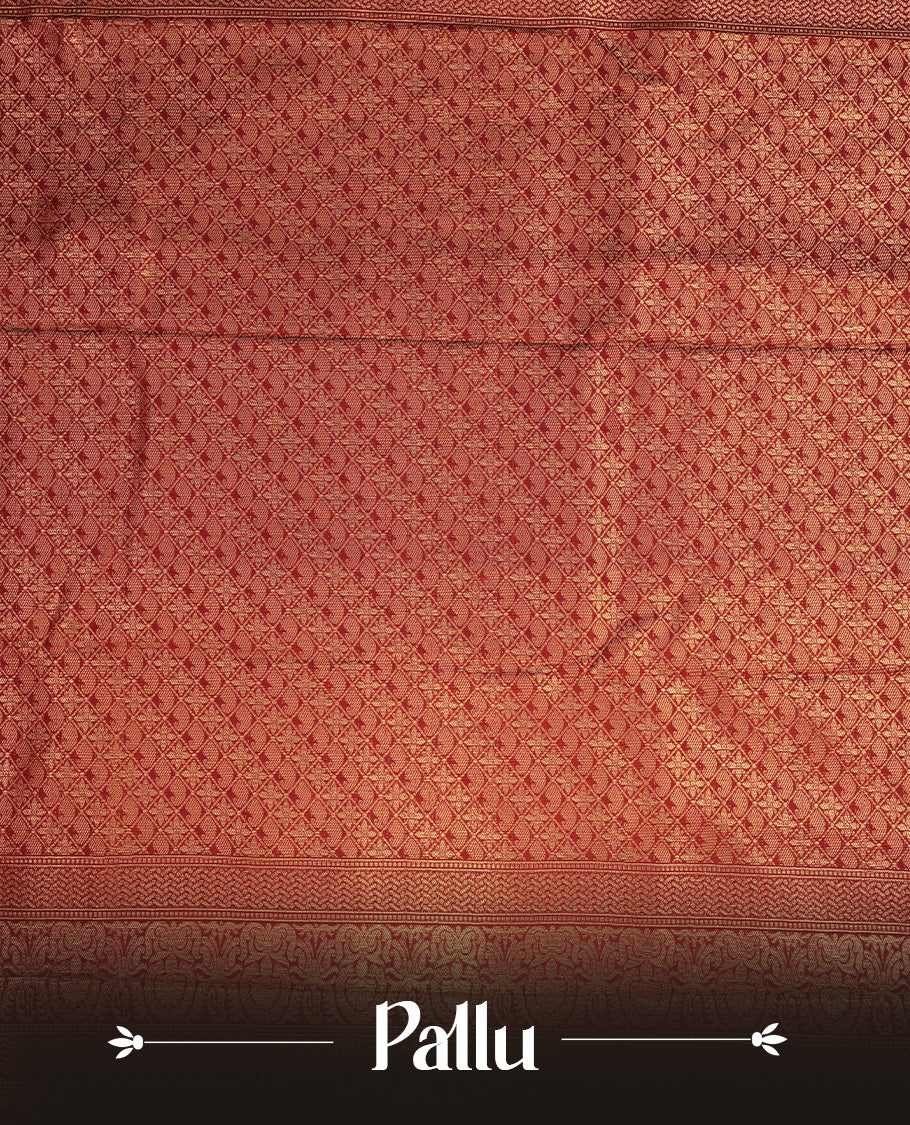 Chocolate colour semi wedding saree featuring gold zari pattern stripes on body, self colour with traditional border, paired with matching blouse piece.