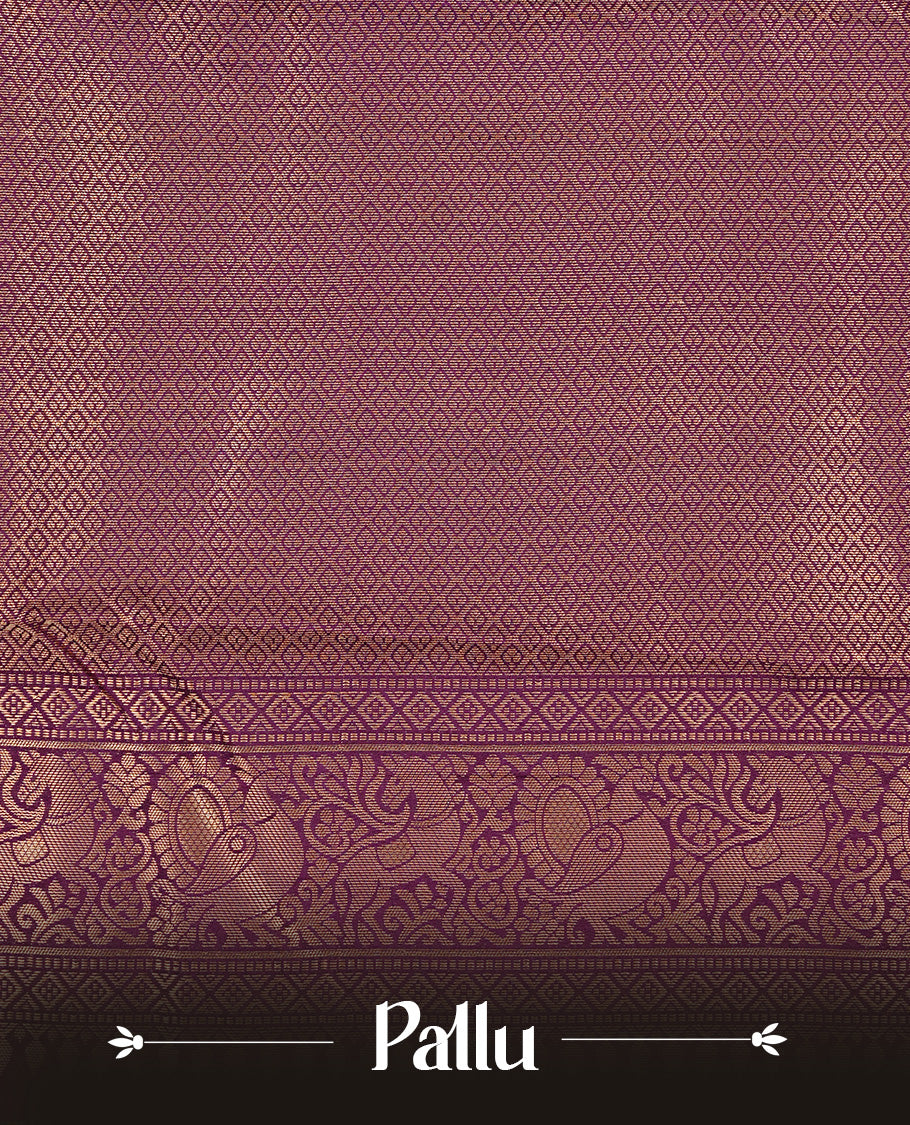 Olive colour Traditional Kancheepuram silk saree featuring gold zari motifs on body, enhanced with contrast Purple with multicolour & traditional border, paired with matching blouse piece.