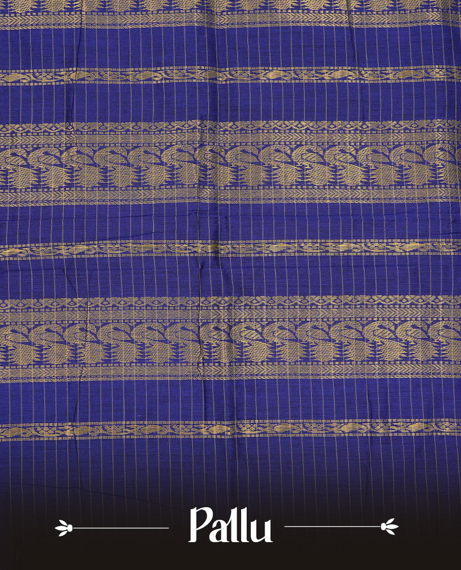 Yellow colour Kalyani cotton saree featuring Gold zari check pattern on body, complemented by Contrast Blue colour with grand gold zari border & pallu, matching blouse piece