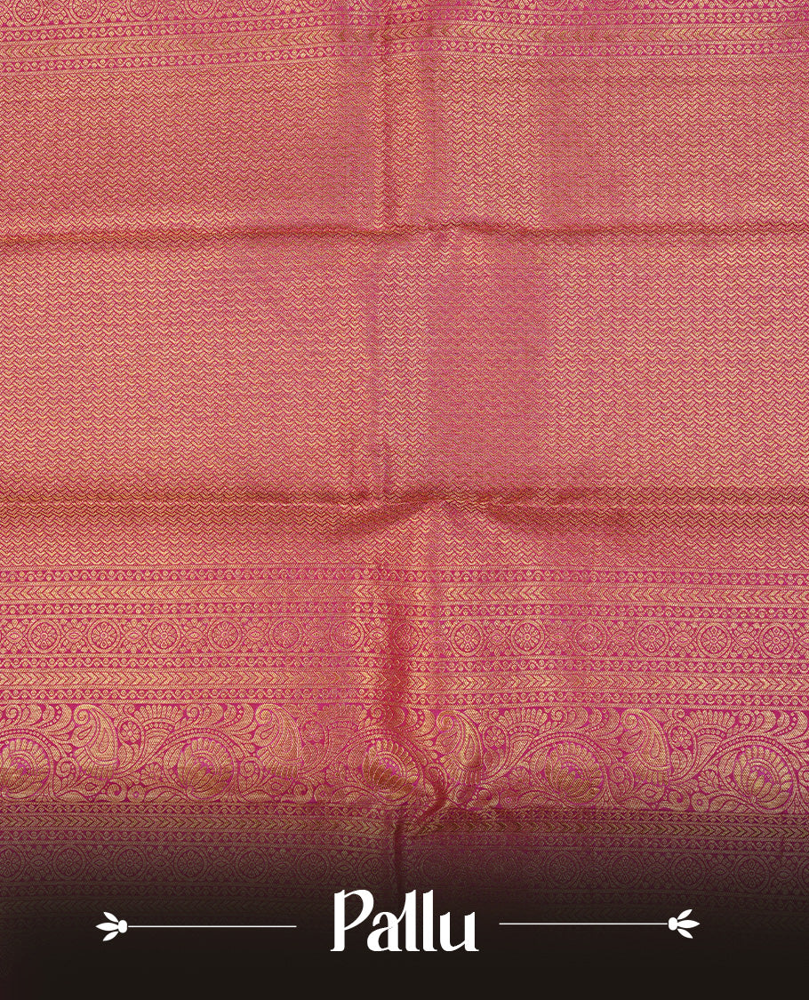 Magenta Colour Pure Kancheepuram Silk Saree Featuring Gold Zari Floral Kodi Pattern on the Body, Highlighting a Traditional Gold Zari Border, Paired with a Matching Blouse Piece.