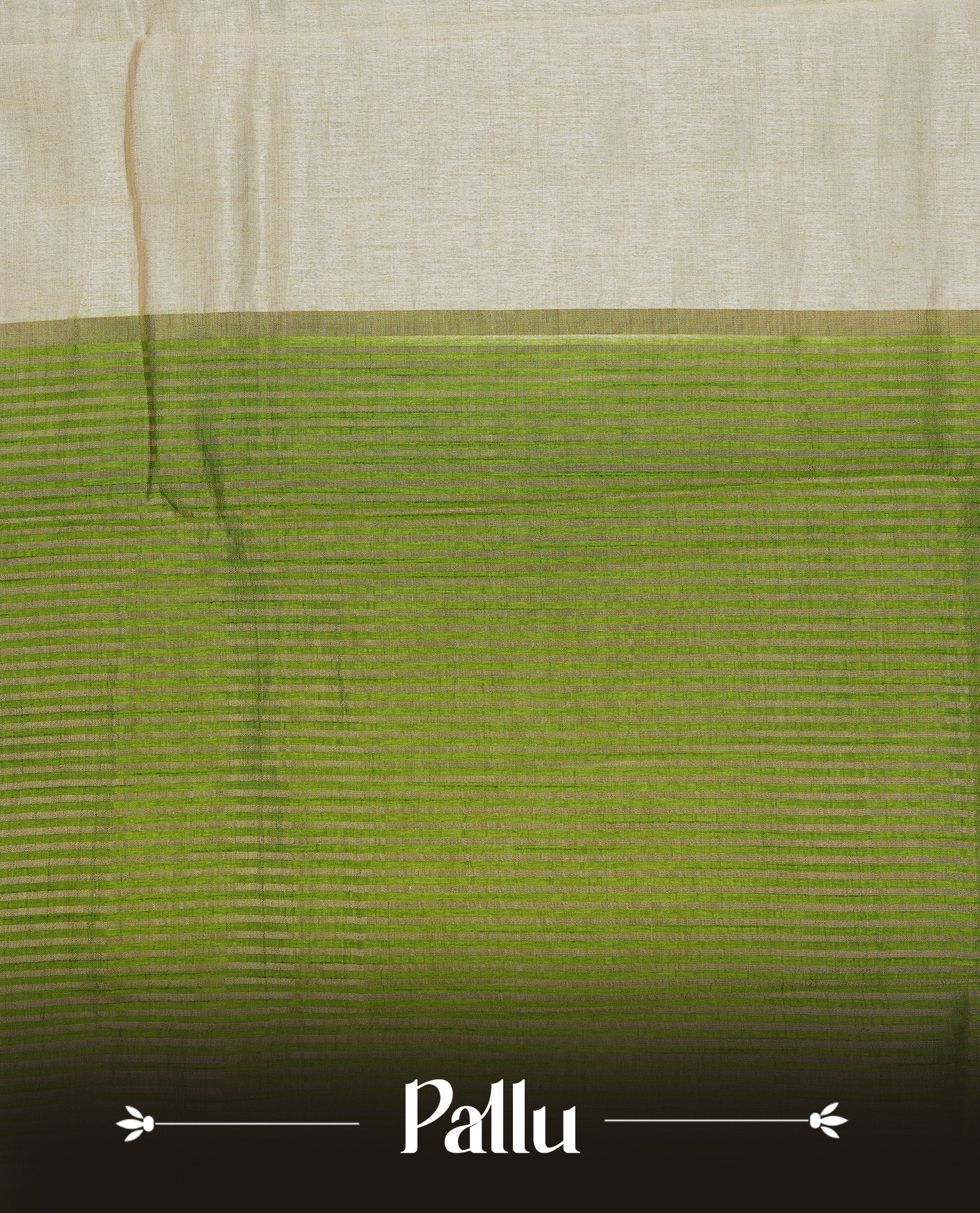 Cream colour Semi Tussar silk saree featuring an elegant plain body, accentuated by a contrast green border adorned with intricate gold zari work, paired with a matching blouse piece.