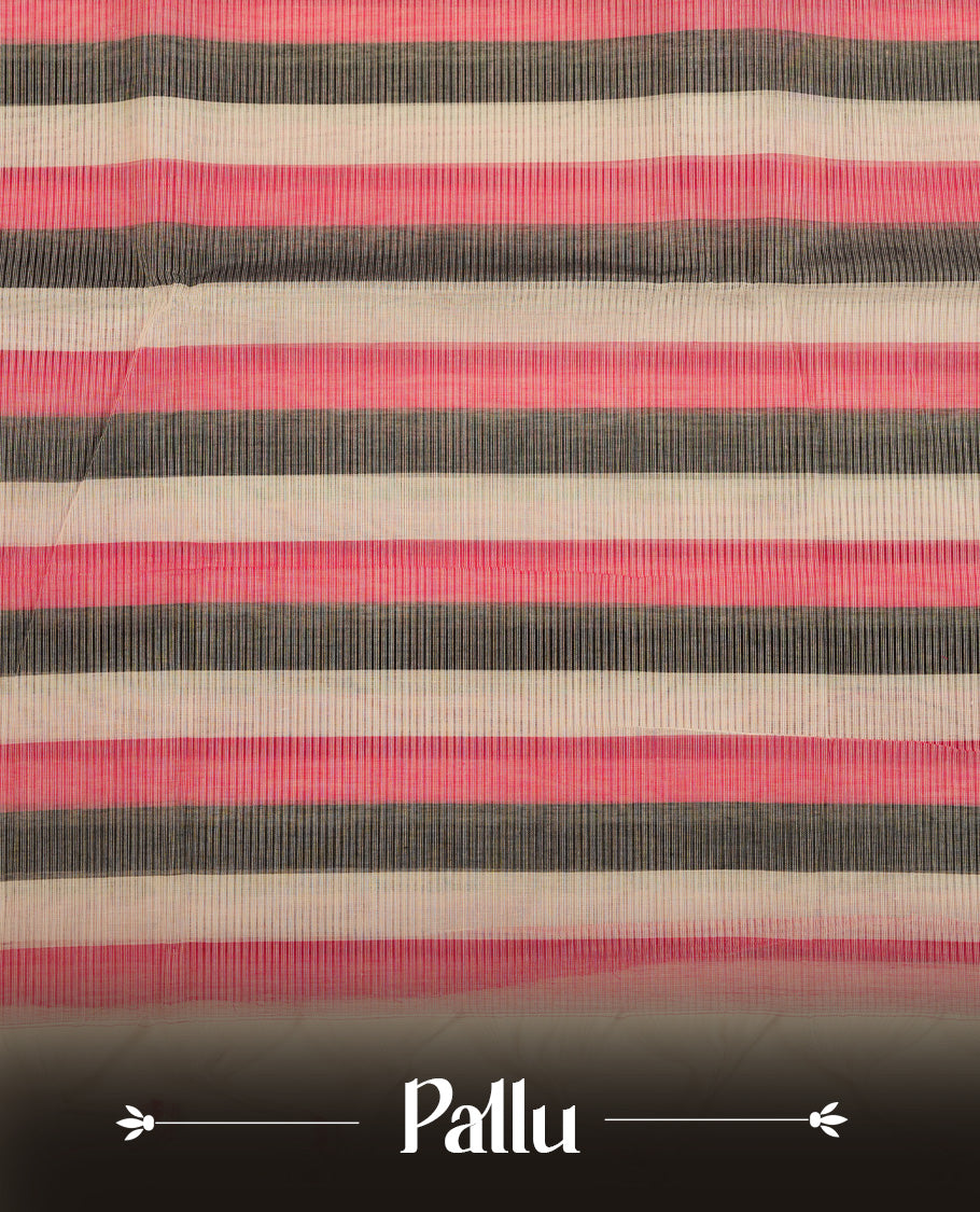 Pink ,White & Black Colour Mangalagiri Cotton Featuring Contrast stripes On Body, Complemented By Gold Zari border & Contrast Pallu ,Paired With Matching Blouse Piece.