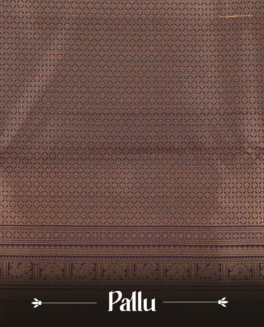 Mauve colour Traditional Kancheepuram silk saree featuring gold zari motifs on body, enhanced with contrast Purple with traditional border, paired with matching blouse piece.
