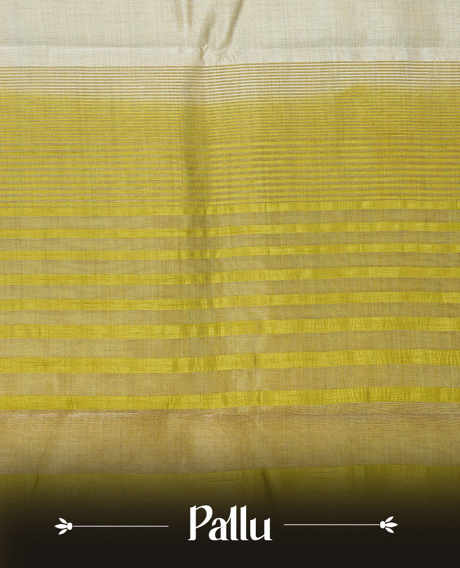 Light gold Colour Tussar saree featuring elegant plain body, complemented by contrast Olive colour with zari work border, comes with matching blouse piece.
