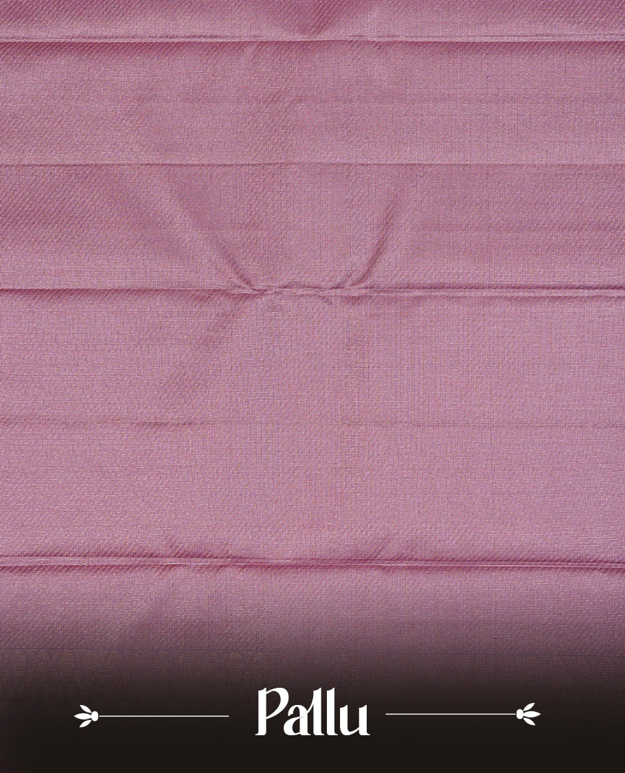 Lavender Colour Traditional Kancheepuram Silk Saree Featuring Gold Zari Stripes & Triangle Motifs on the Body, Designed Without a Border and with a Grand Pallu, Paired with a Matching Blouse.