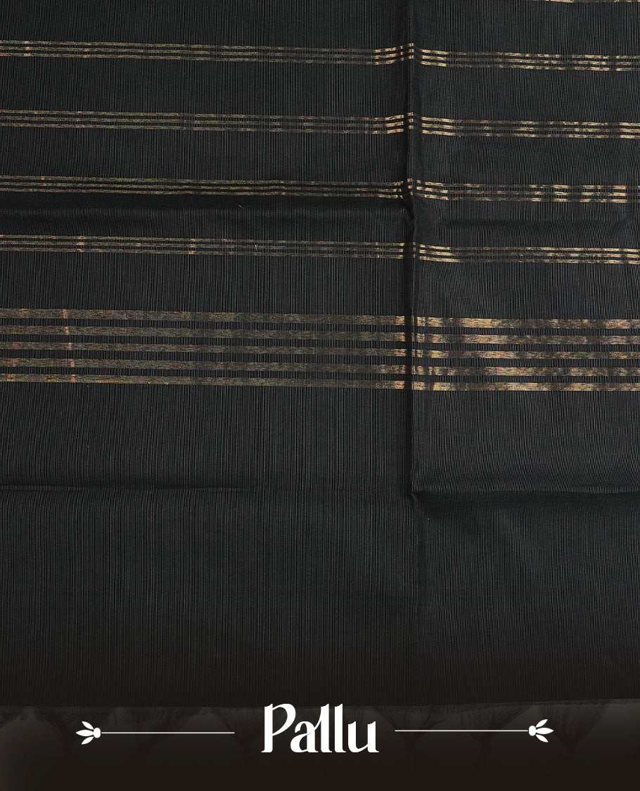 Black colour chettinad cotton saree featuring a Plain body, complemented by Contrast Red Colour With Gold Zari border, paired with matching blouse piece.