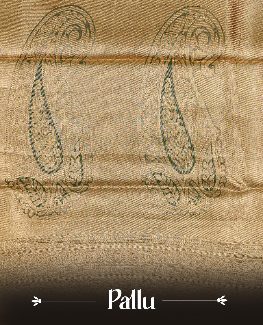 Green & Gold double shade Tissue saree featuring gold Zari pattern on body, complemented by traditional border on self colour, paired with matching blouse piece.