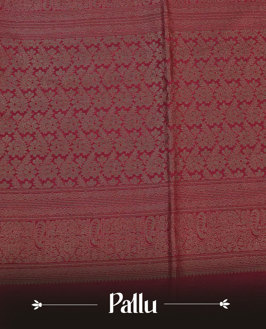 Red colour semi silk saree featuring Gold zari Leaf pattern on body, complemented by contrast colour with Gold zari border, comes with matching blouse piece.