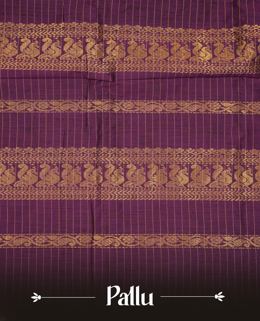 Orange colour Kalyani cotton saree featuring Gold zari check pattern on body, complemented by Contrast Purple colour with grand gold zari border & pallu, matching blouse piece
