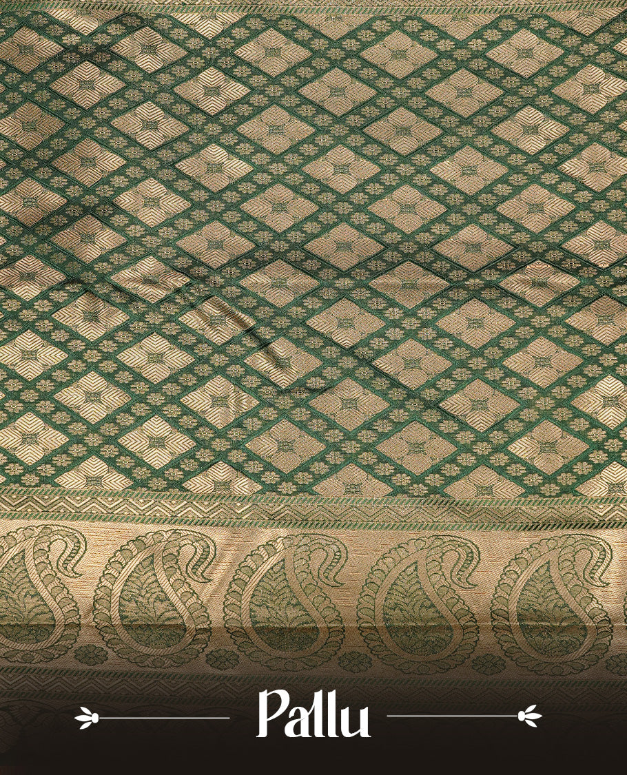 Bottle green Semi Wedding Silk Saree featuring Gold Zari zigzag pattern On body, Complemented with traditional zari with Self colour border, paired with matching blouse piece.
