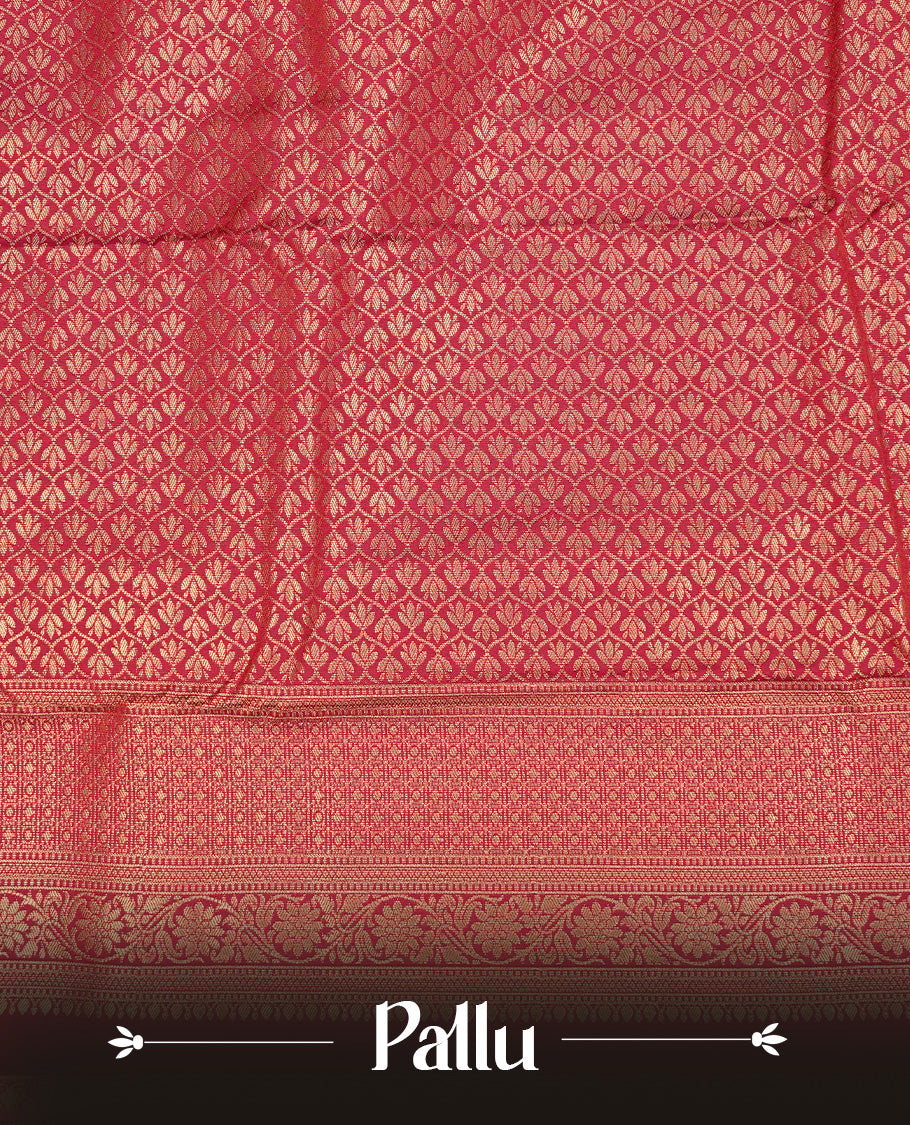 Burgundy Semi Wedding Silk Saree featuring Gold Zari Motifs On body, Complemented with traditional zari with Self colour border, paired with matching blouse piece.