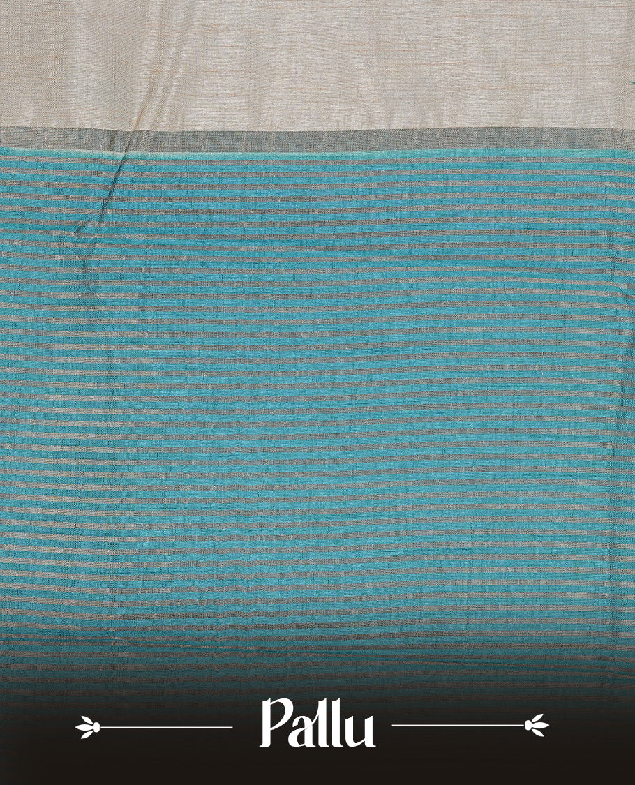 Cream colour Tussar silk saree Featuring Elegant Plain body, complemented by Contrast Blue colour with gold zari border, paired with matching blouse piece.
