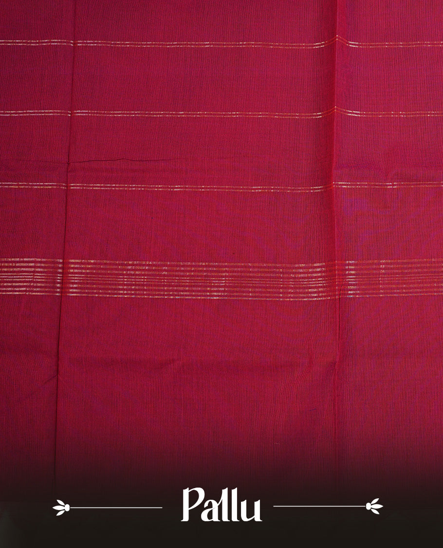 Magenta colour Chettinad Cotton Saree Featuring Plain Body , Complemented By Contrast Wine Colour With Peacock Gold Zari Border , Paired With Macting Blouse Piece.