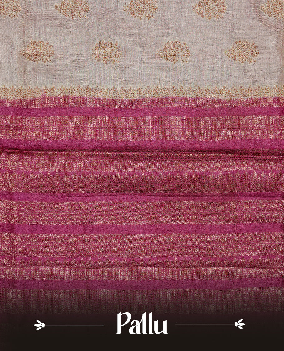 Golden Cream Colour Banaras tussar silk saree featuring Antique zari Motifs on body, Complemented by Magenta colour variant with zari border, paired with matching blouse Piece.