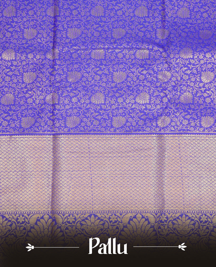 Indigo Colour Wedding Silk Saree Featuring Gold zari Floral kodi pattern on body, complemented by traditional Zari pattern on self colour border, paired with matching blouse piece.