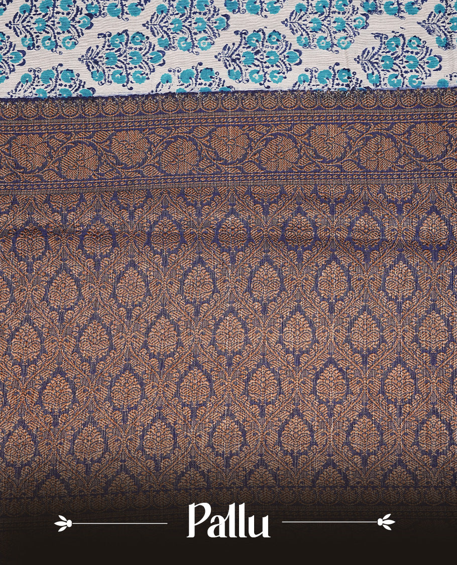 Beige Colour Chanderi silk saree featuring Block print on body, complemented by Contrast Dark Blue colour with Antique zari border, paired with matching blouse piece.
