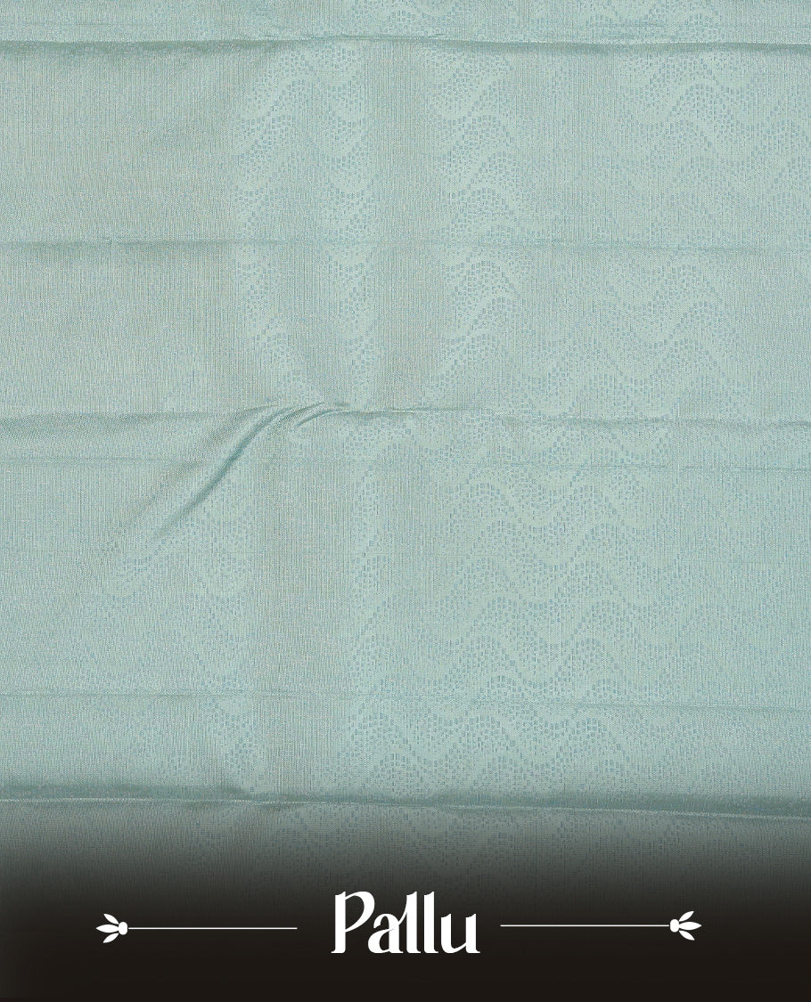 Mint Green Colour Traditional Kancheepuram Silk Saree Featuring Blue Zari Diamond Motifs on the Body, Designed Without a Border and with a Grand Pallu, Paired with a Matching Blouse.