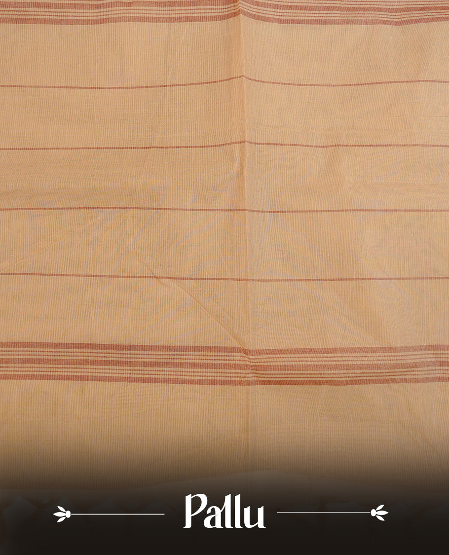 Cream colour chettinad cotton saree featuring Elegant plain body, complemented by contrast Brown colour with Gold zari border, paired with matching blouse piece.
