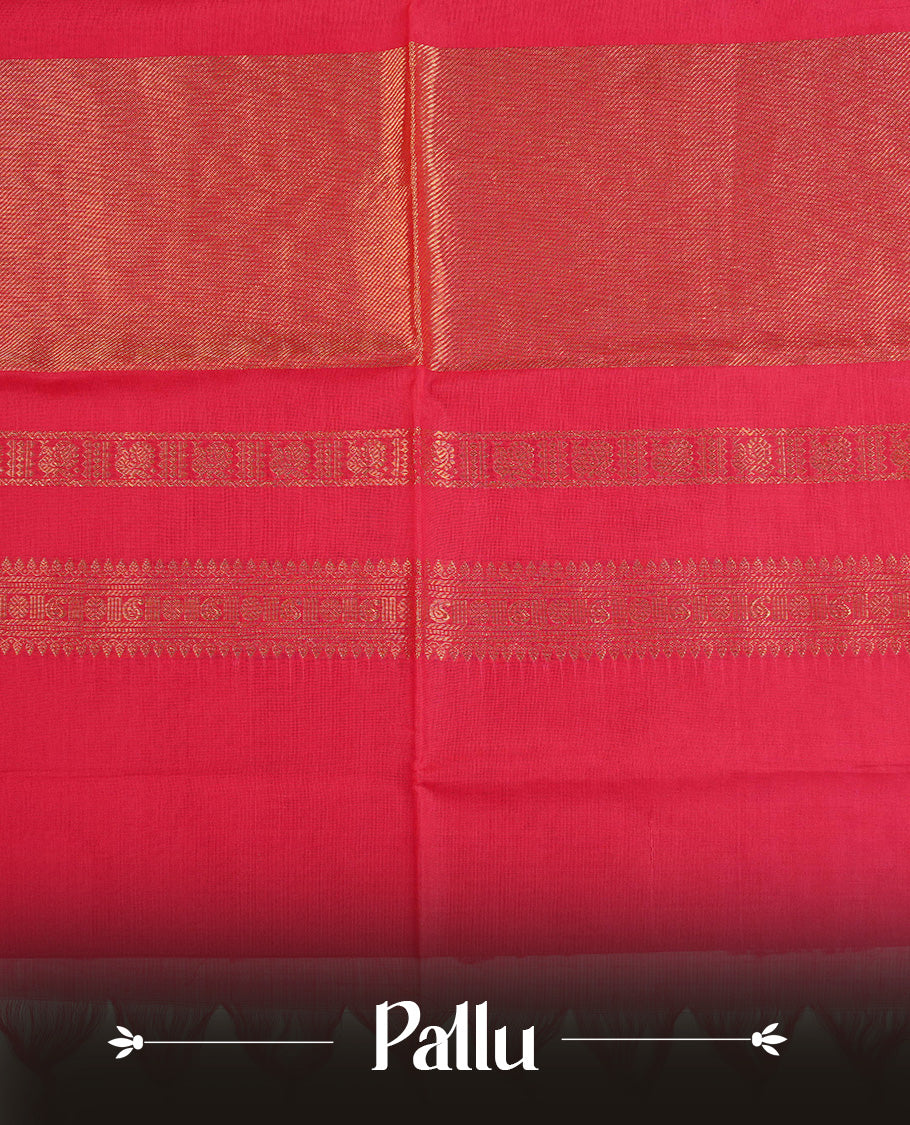 Rani Pink colour chettinad cotton saree featuring Gold Motifs on body, complemented by Contrast Rust Orange & Maroon Colour With Gold Zari border, paired with matching blouse piece.