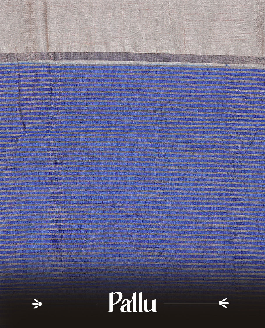 Cream colour Tussar silk saree Featuring Elegant Plain body, complemented by Contrast Blue colour with gold zari border, paired with matching blouse piece.