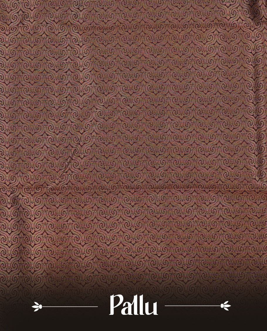 Olive Colour Traditional Kancheepuram Silk Saree Featuring Gold Zari Motifs on Body, Complemented By Self colour with Traditional zari & purple border, paired with matching blouse piece.
