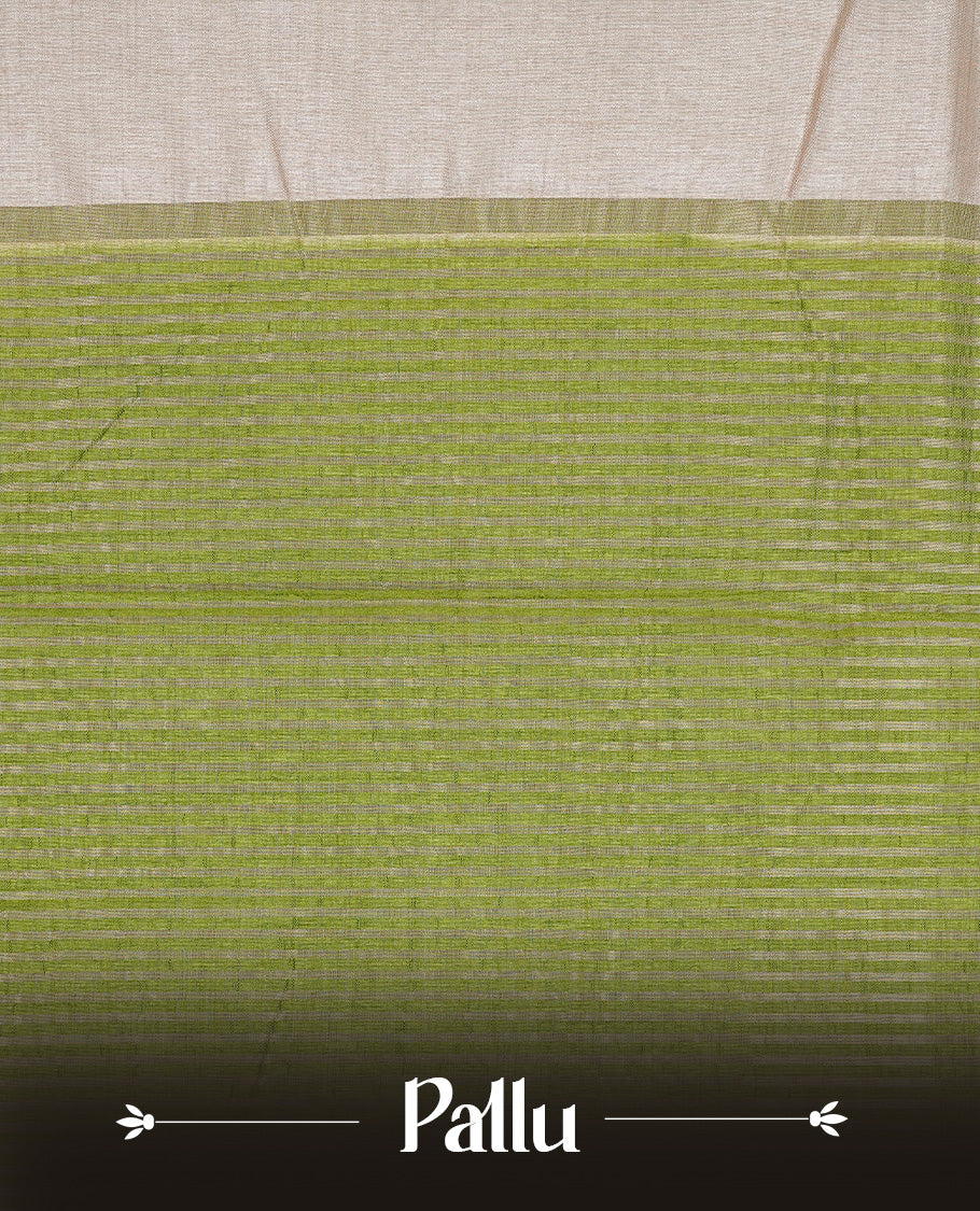 Cream colour Tussar silk saree Featuring Elegant Plain body, complemented by Contrast Light green colour with gold zari border, paired with matching blouse piece.
