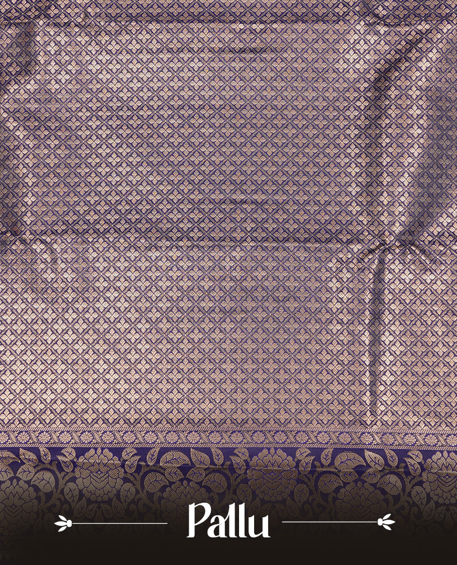 Navy Blue Semi Wedding Silk Saree featuring Gold Zari Check with Motifs On body, Complemented with traditional zari with Self colour border, paired with matching blouse piece.