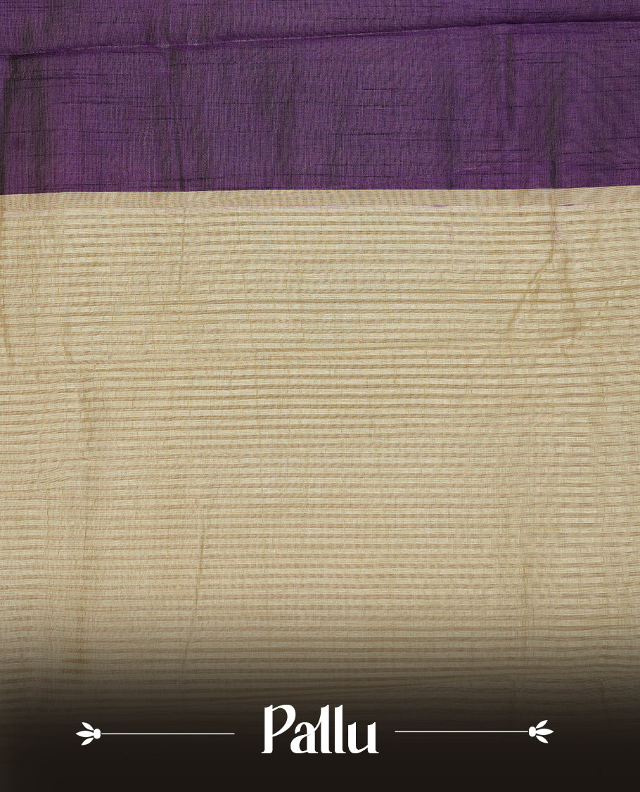 Deep Purple colour Semi Tussar silk saree featuring an elegant plain body, accentuated by a contrast cream border adorned with intricate gold zari work, paired with a matching blouse piece.