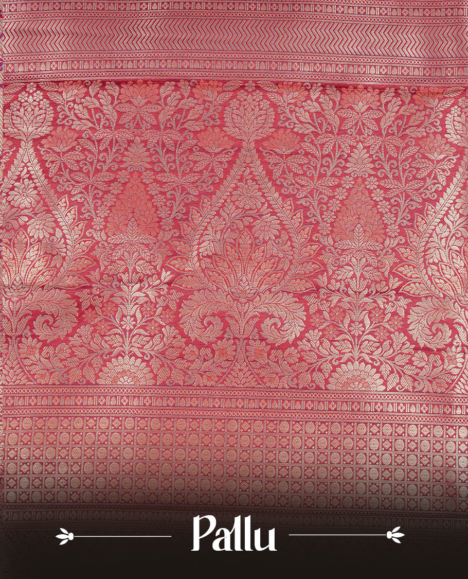 Red colour semi wedding silk saree featuring Gold zari Floral kodi pattern with Silver zari peacock motifs on body, complemented gold zari border, paired with matching blouse piece.