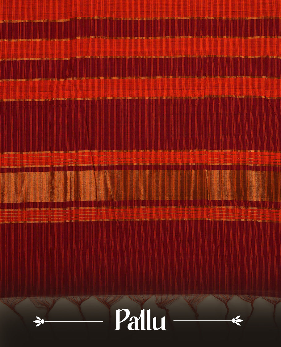 Orange Mangalagiri cotton saree featuring elegant Maroon Checks Pattern On Body, Complemented by Contrast Striped Pattern , Gold zari border & Contrast pallu, Paired With a matching blouse piece.