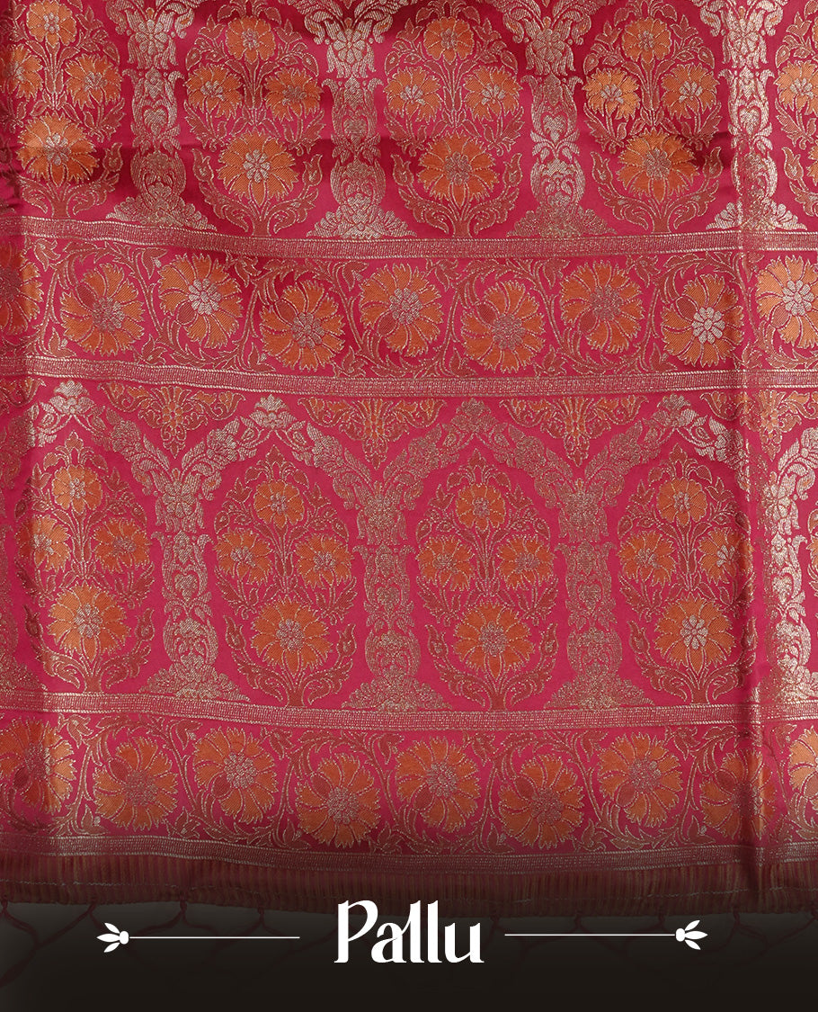 Red colour Mulberry silk saree featuring gold zari elephant & floral kodi pattern across body, complemented by self colour border with gold & orange zari work, comes with matching blouse piece.