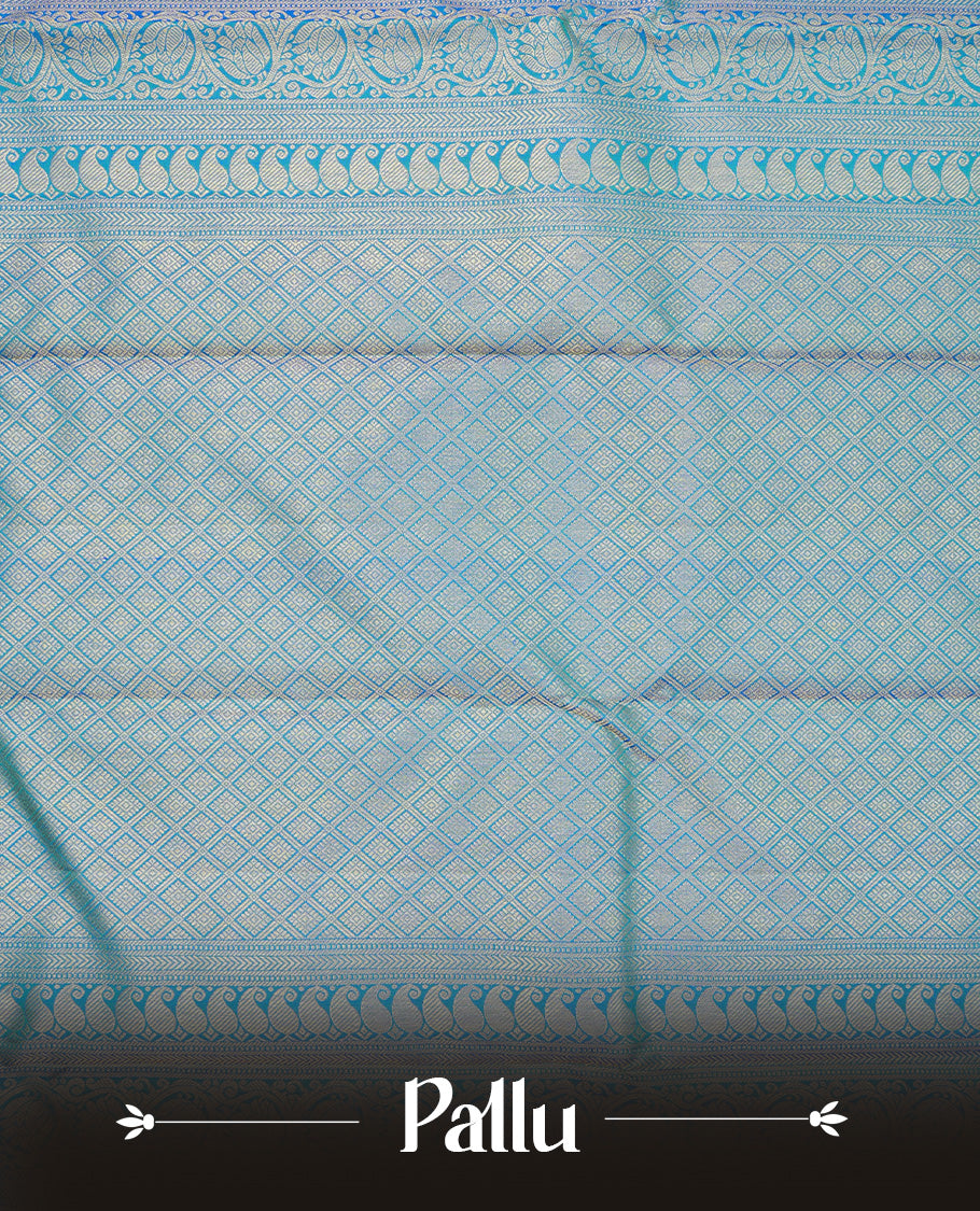 Peacock colour pure wedding silk saree featuring gold zari designed strips pattern on body, complemented by self colour with traditional border, comes with matching blouse piece.