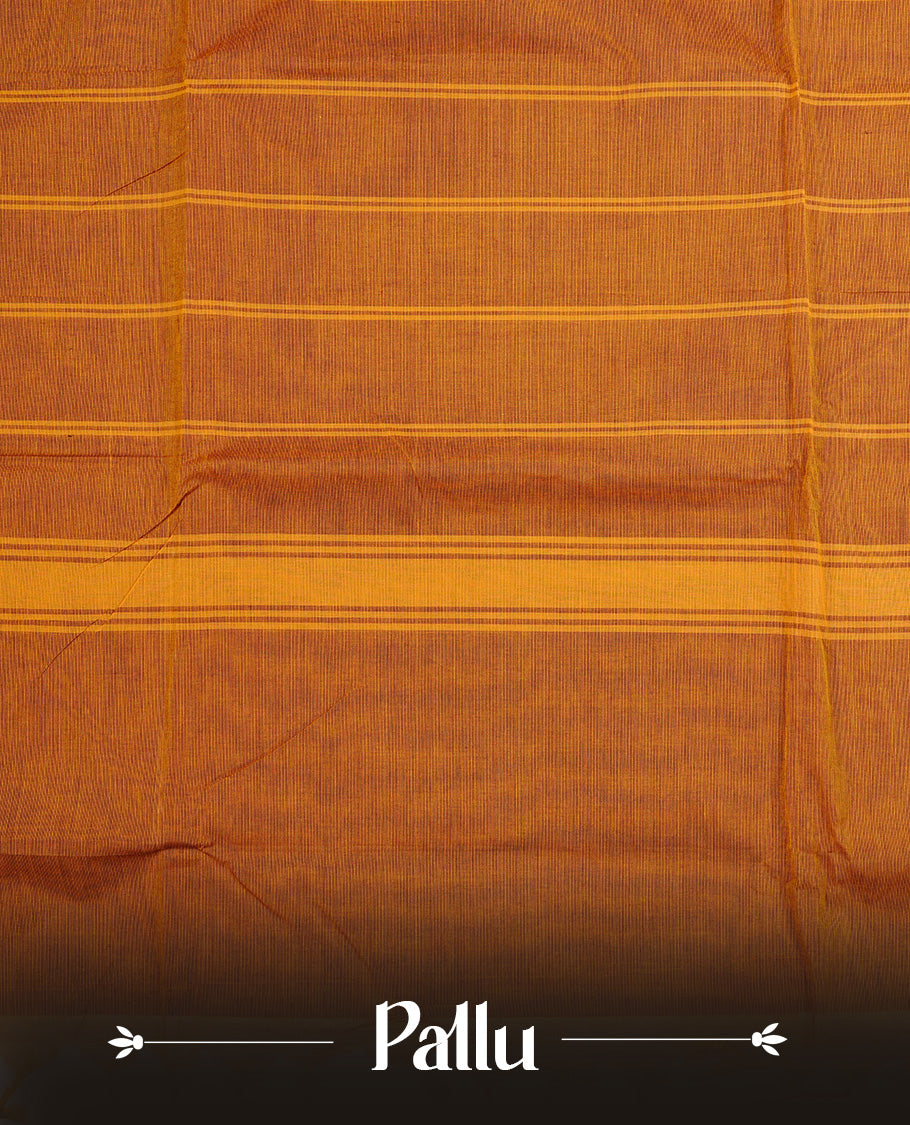 Mustard colour chettinad cotton saree featuring Elegant plain body, complemented by contrast Dark chocolate colour with Gold zari border, paired with matching blouse piece.