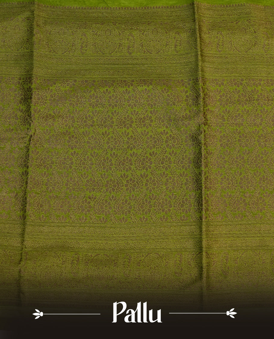 Green colour semi silk saree featuring Gold zari Leaf pattern on body, complemented by contrast colour with Gold zari border, comes with matching blouse piece.