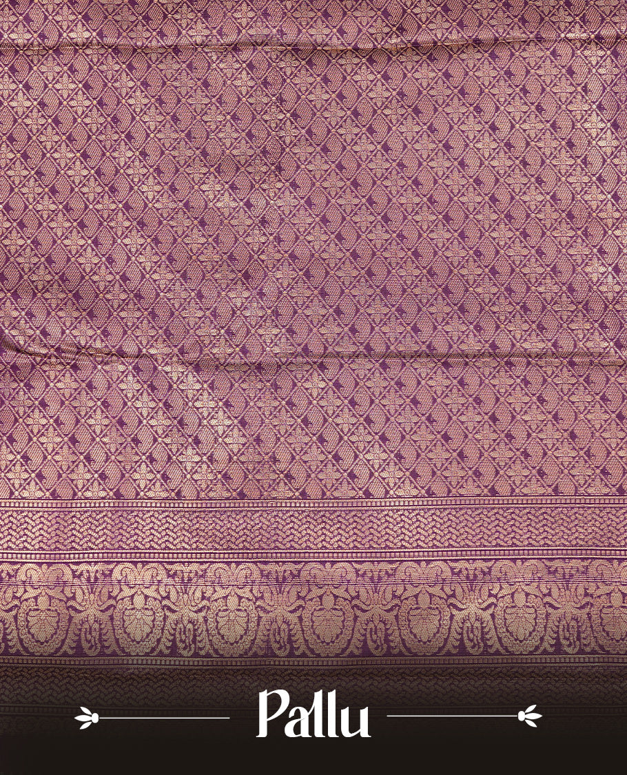 Purple colour Semi wedding silk saree featuring strip pattern on body, complemented by self colour traditional border, paired with matching blouse piece.