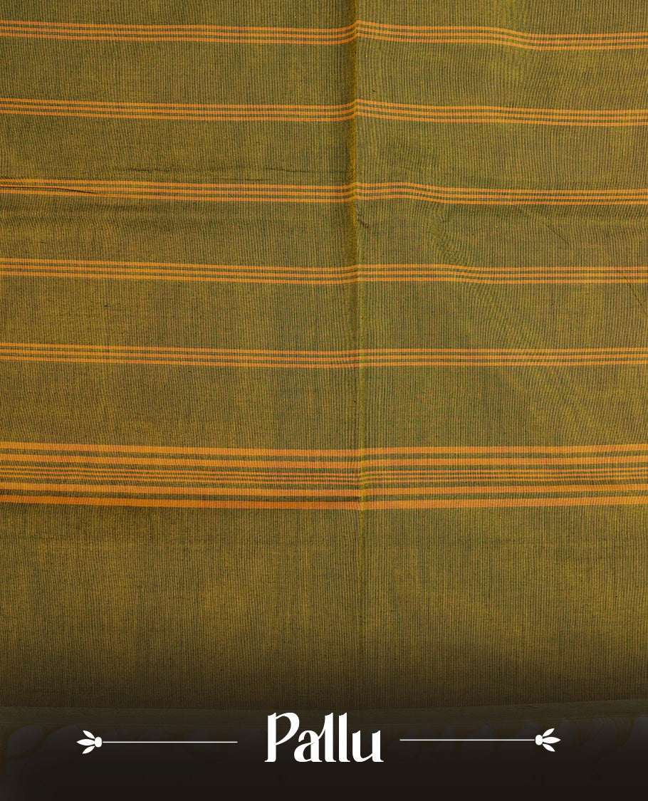 Olive colour chettinad cotton saree featuring Elegant plain body, complemented by contrast Black colour with Gold zari border, paired with matching blouse piece.