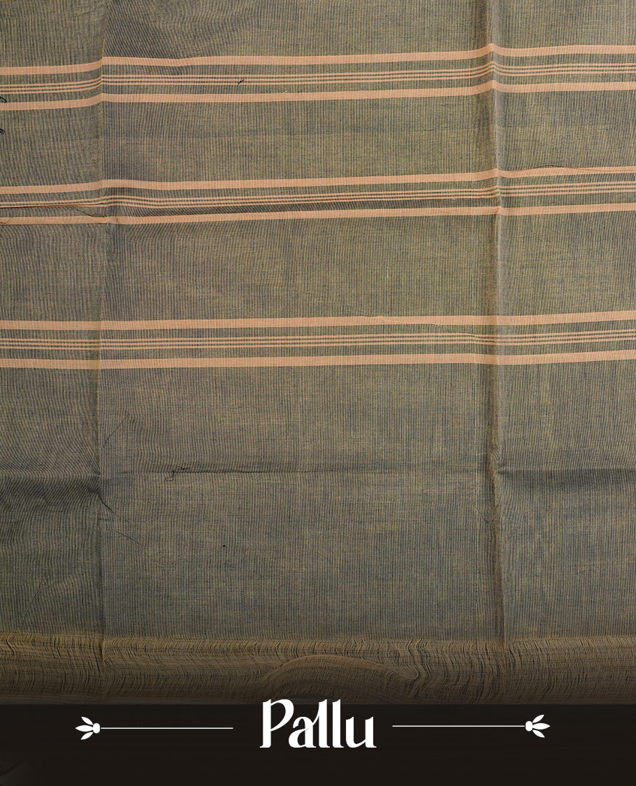 Grey colour chettinad cotton saree featuring Plain body, complemented by Green Colour With Gold Zari border, paired with matching blouse piece.