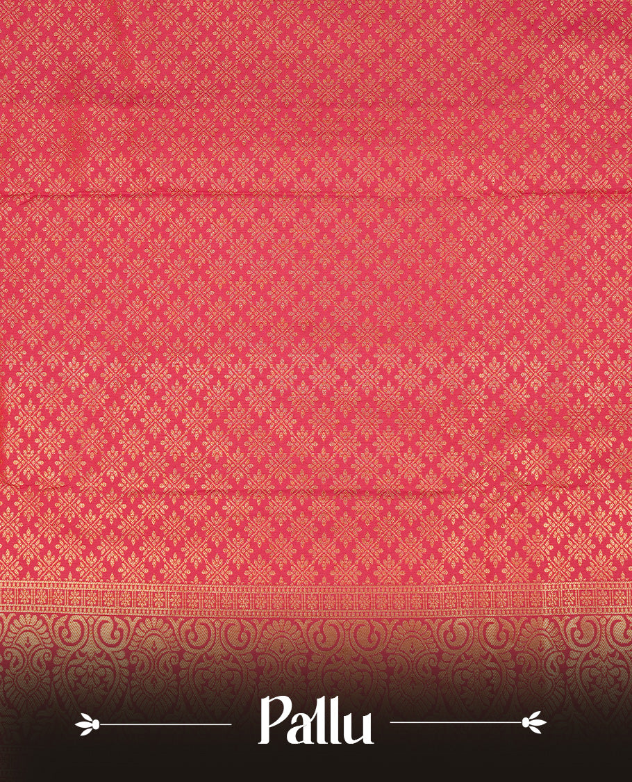 Peacock colour semi Wedding silk saree featuring Gold zari motifs on body, enhanced with Contrast red colour with traditional border, paired with matching blouse piece.