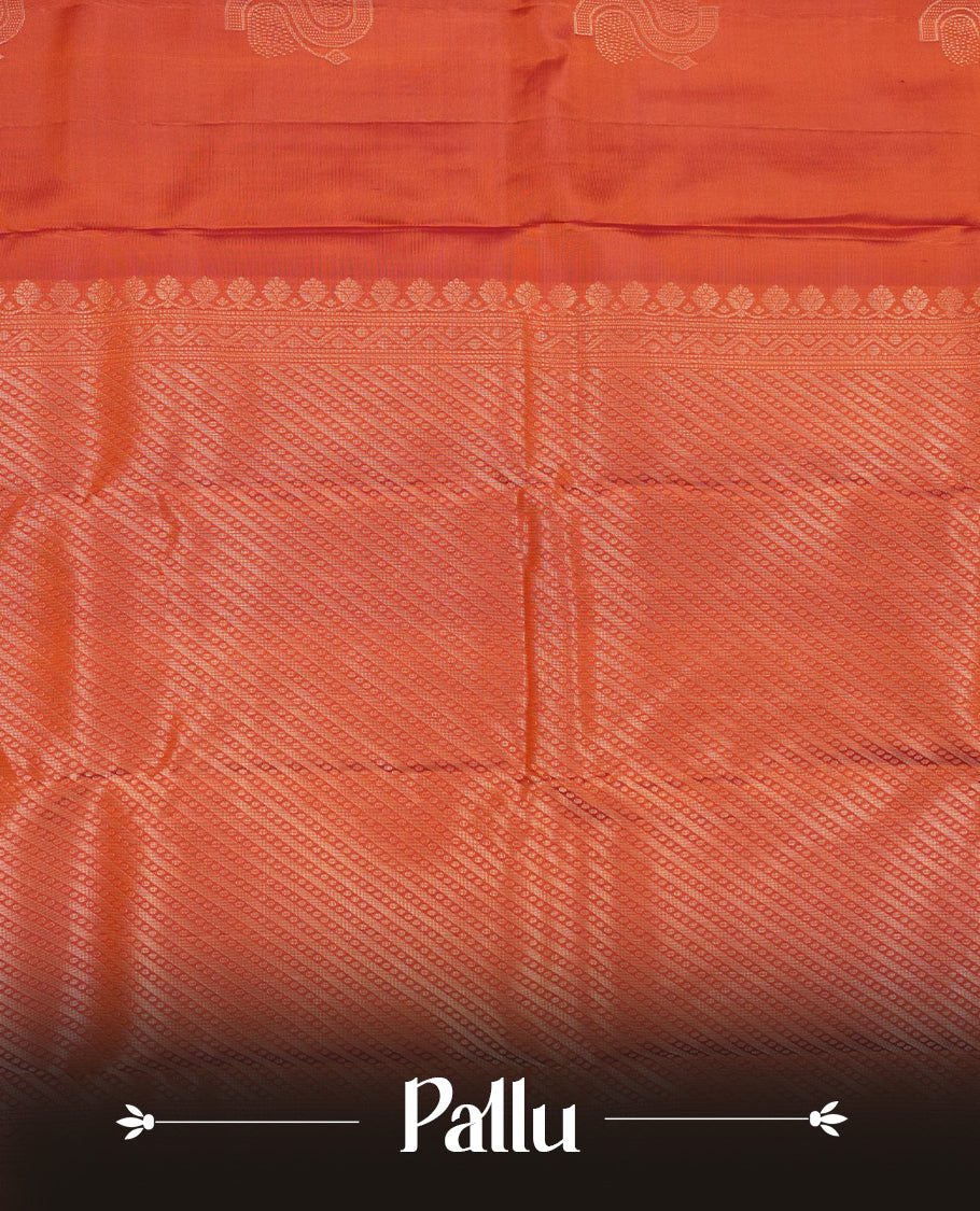 Burnt orange Colour Pure Kancheepuram Silk Saree having gold Floral pattern on Body without Border and matching Blouse